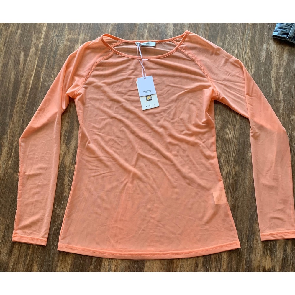 NWT Grace Karin Rave Indie Peach Mesh  Sheer Top Crewneck Raglan- L